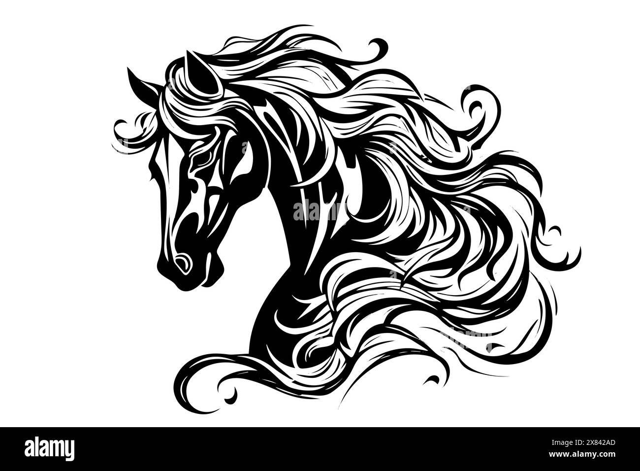 Schwarzer Pferdekopf-Schriftzug. Handgezeichnete Tintenskizze mit Gravur. Stock Vektor