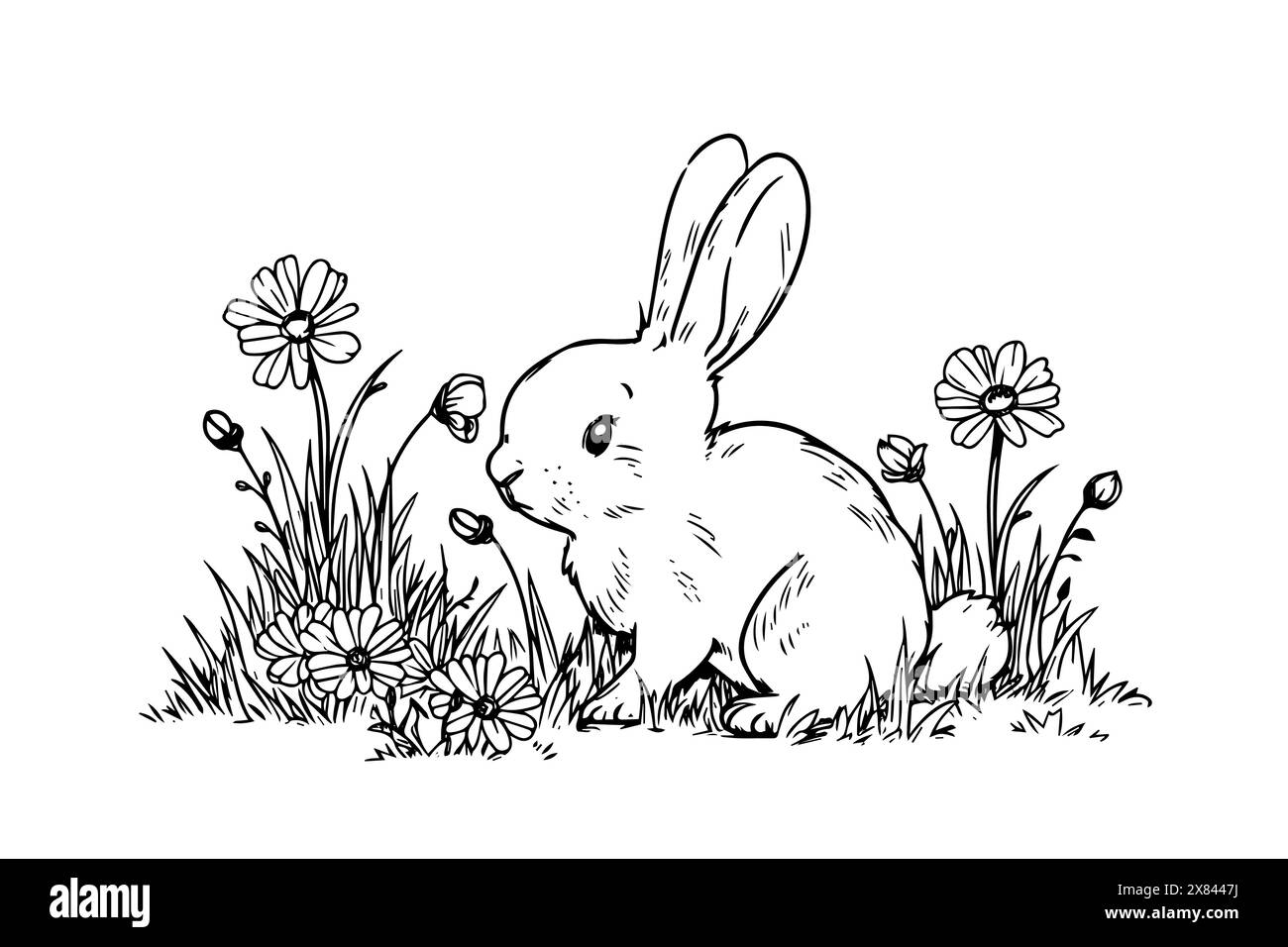 Vintage Osterhase und Blumen Illustration: Gravierter Häschen in einem Frühlingsgarten. Stock Vektor