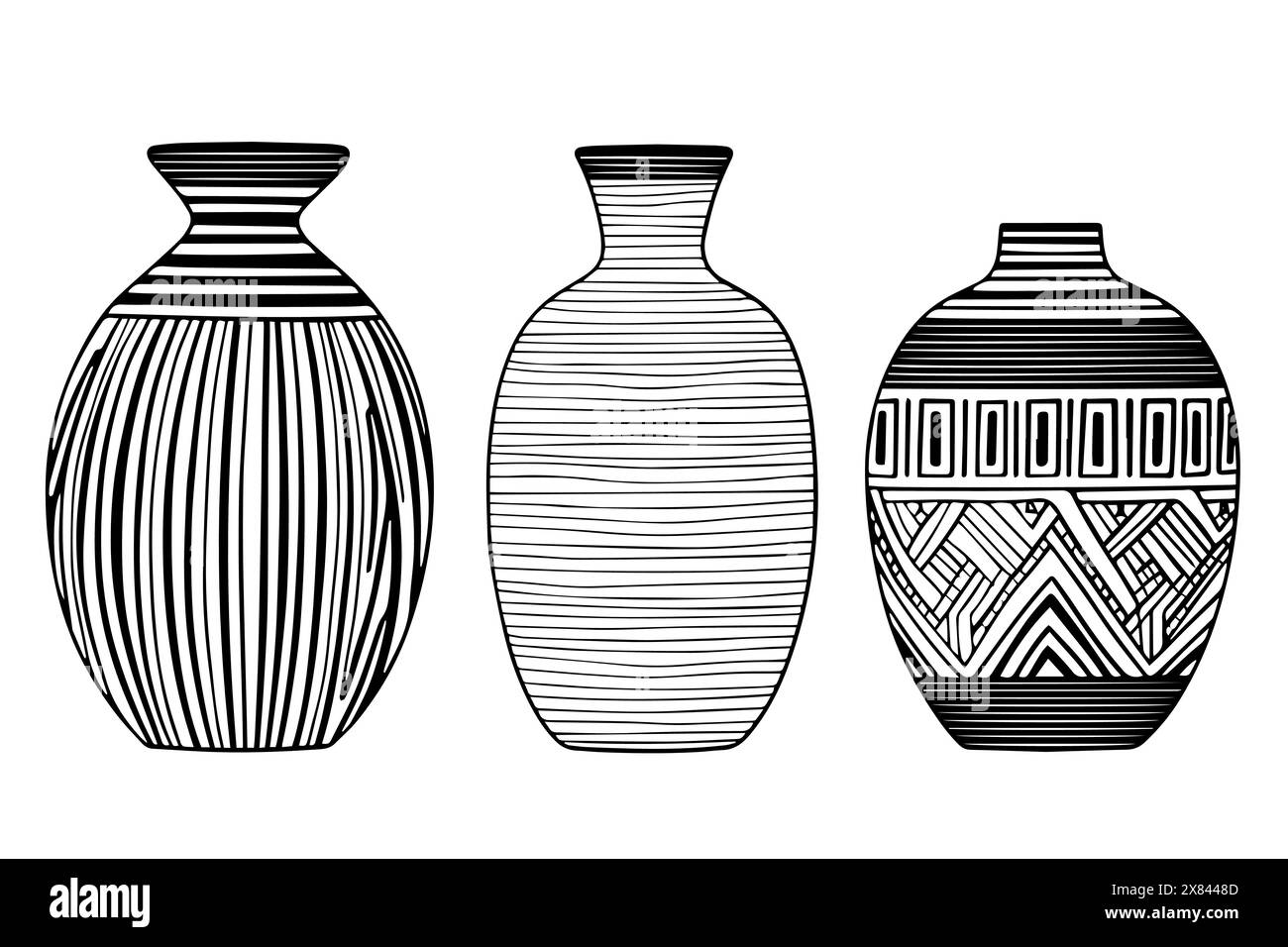 Set mit handgezeichneter Tuschenskizze der alten Vase. Vektorillustration mit Gravur. Stock Vektor
