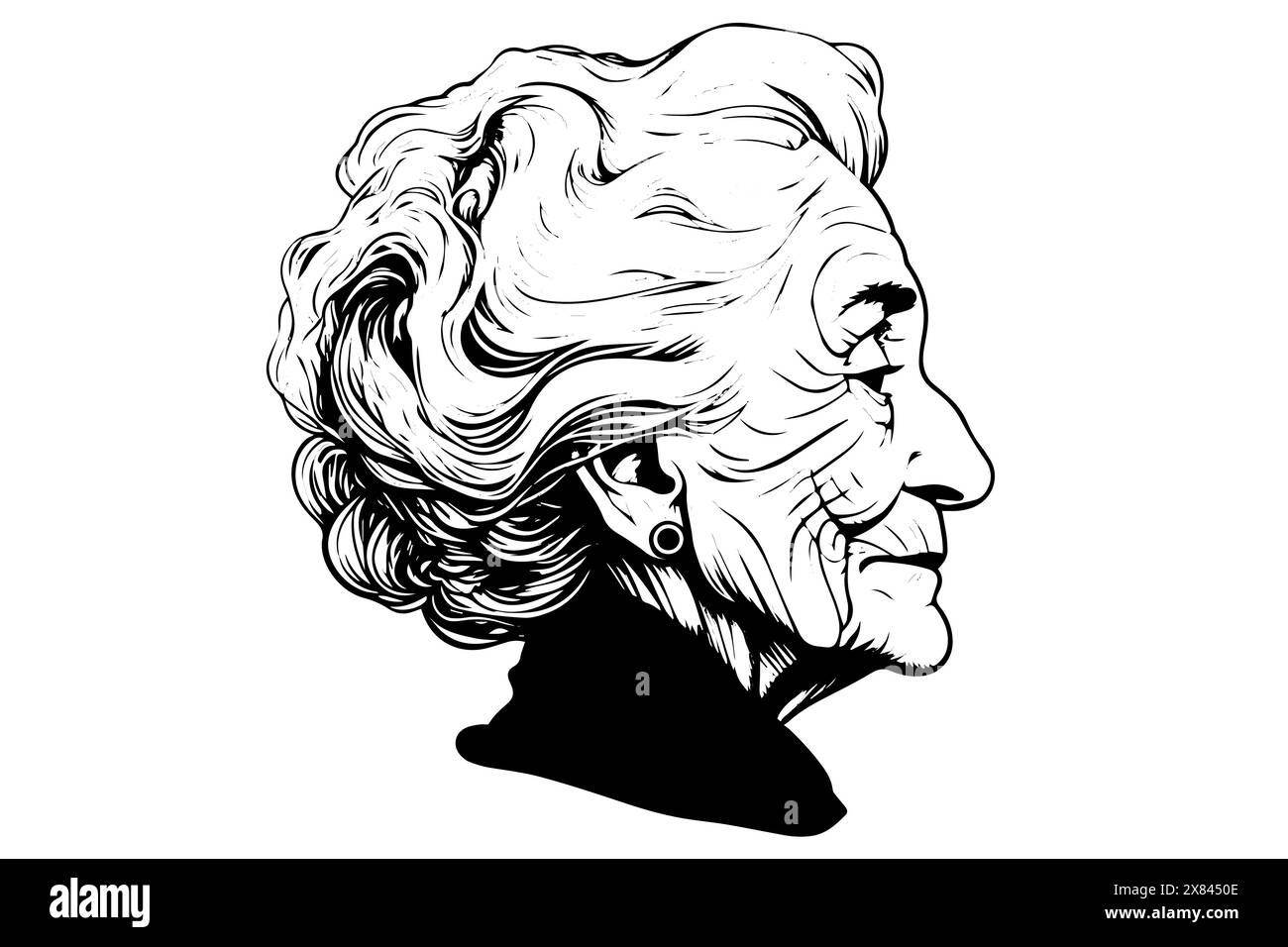 Niedliche lächelnde Oma, handgezeichnete Tuschenskizze. Vektorporträt mit Gravur. Design für Logo. Stock Vektor