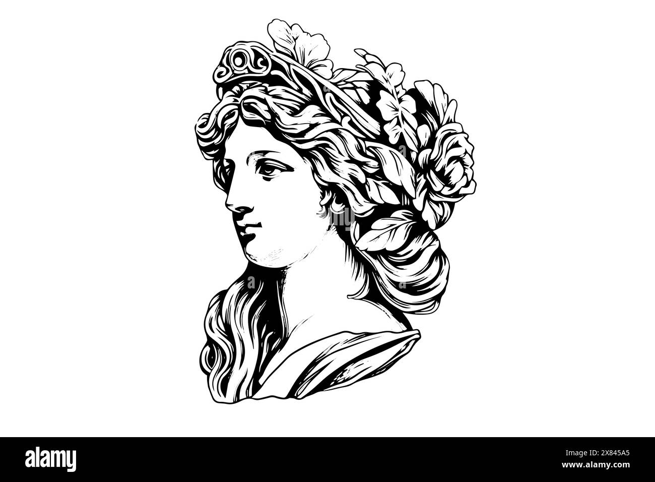 Aphrodite-Kopf handgezeichnete Tuschenskizze. Vektorillustration mit Gravur. Stock Vektor