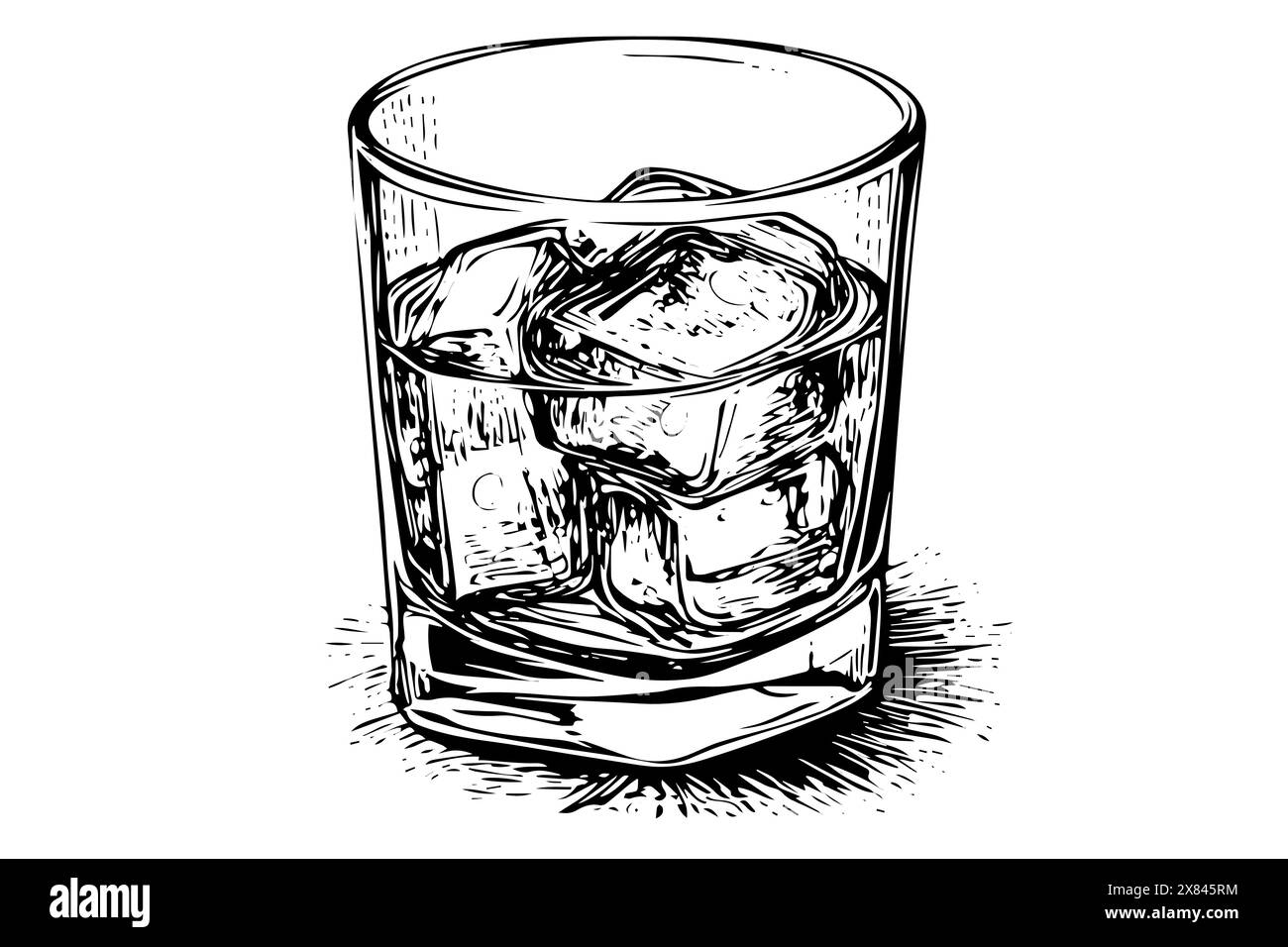 Vintage Whiskey Glass Sketch: Handgezeichnete gravierte Illustration von Getränk mit Eis. Stock Vektor