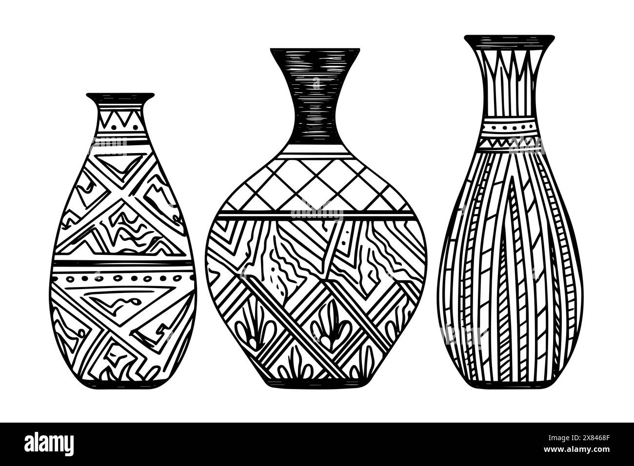 Set mit handgezeichneter Tuschenskizze der alten Vase. Vektorillustration mit Gravur. Stock Vektor