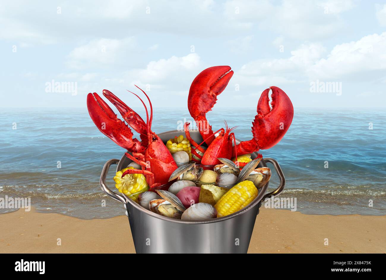 Hummer Backen Sie am Strand als einen Topf Hummer, der mit Maismuscheln und Kartoffeln kocht, als klassische festliche Mahlzeit an der Atlantikküste und Meeresfrüchte Stockfoto