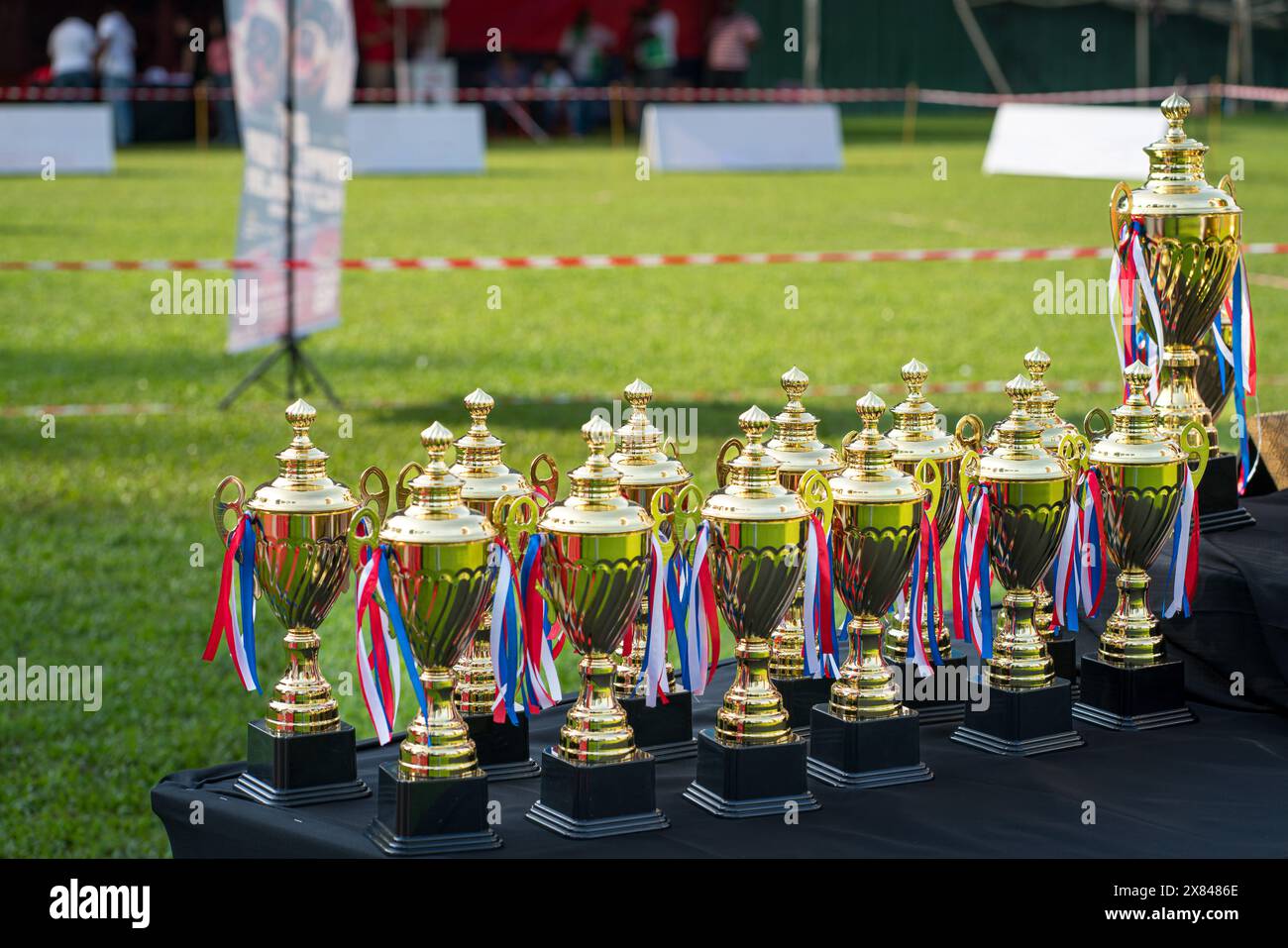 Gruppe von Trophäenbechern für eine Sportveranstaltung im Freien. Stockfoto