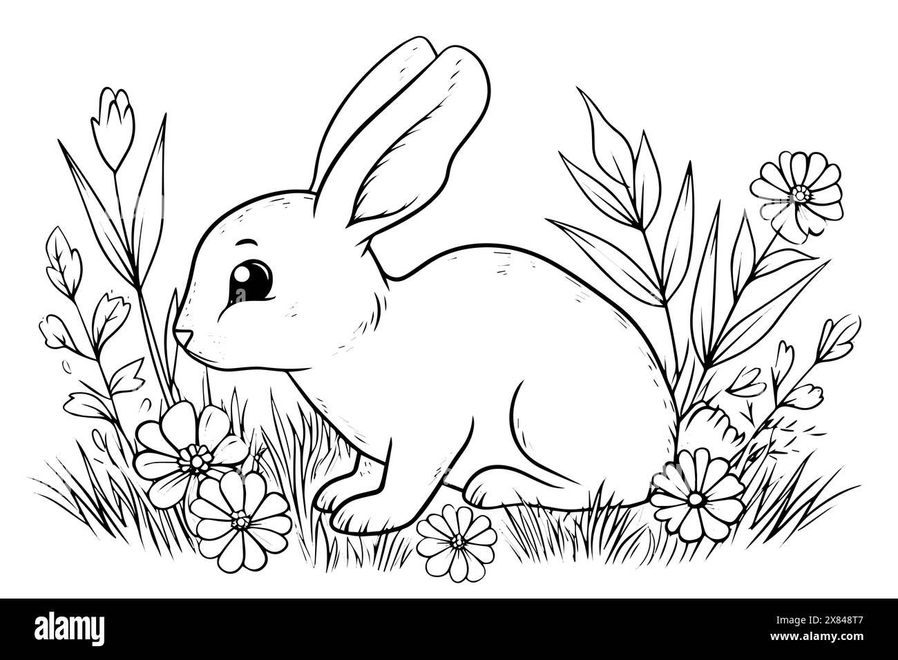 Vintage Osterhase und Blumen Illustration: Gravierter Häschen in einem Frühlingsgarten. Stock Vektor