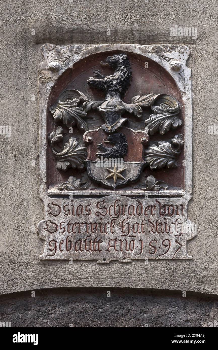 Wappen des Baumeisters des Hauses von 1597, Regensburg, Oberpfalz, Bayern, Deutschland Stockfoto