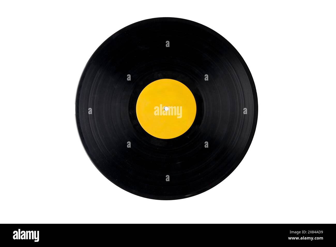 Schwarze Schallplatte mit gelbem Etikett Stockfoto