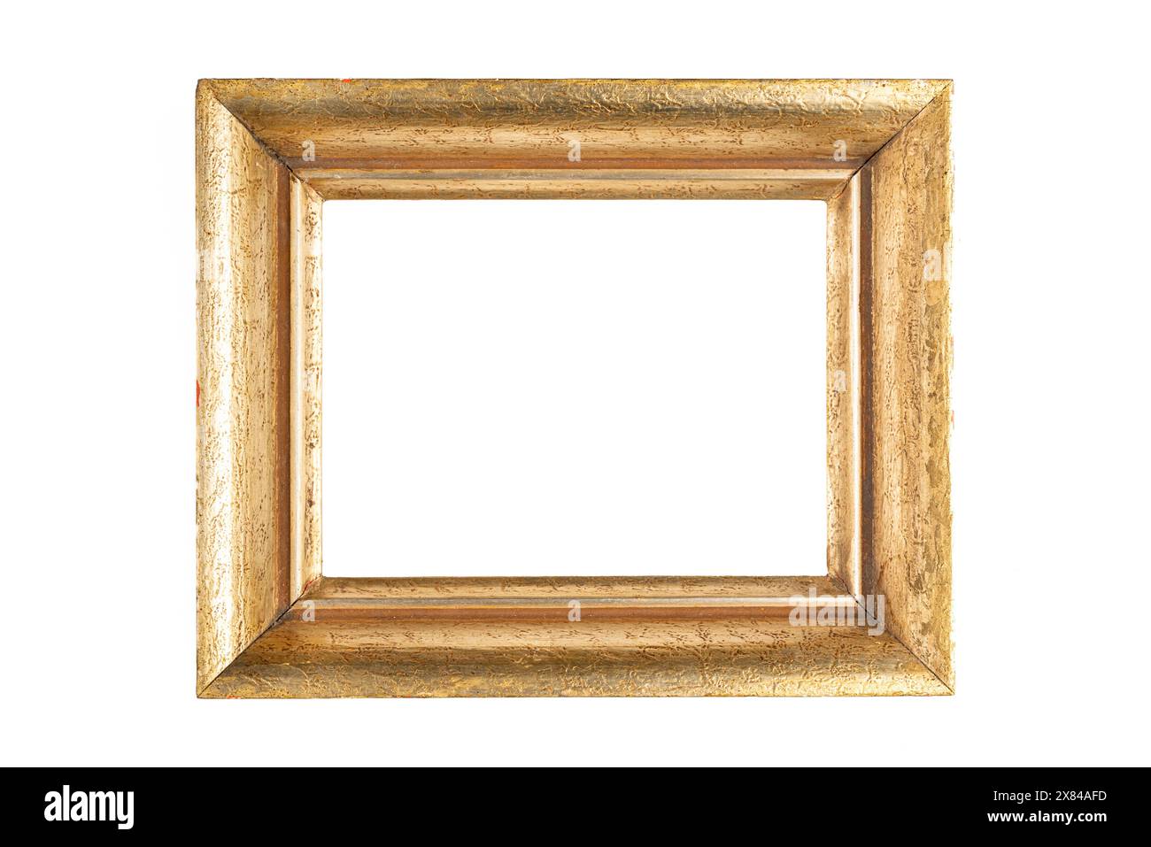 Ein einfacher, goldfarbener, leerer Rahmen mit antiker Textur und klassischem Design Stockfoto