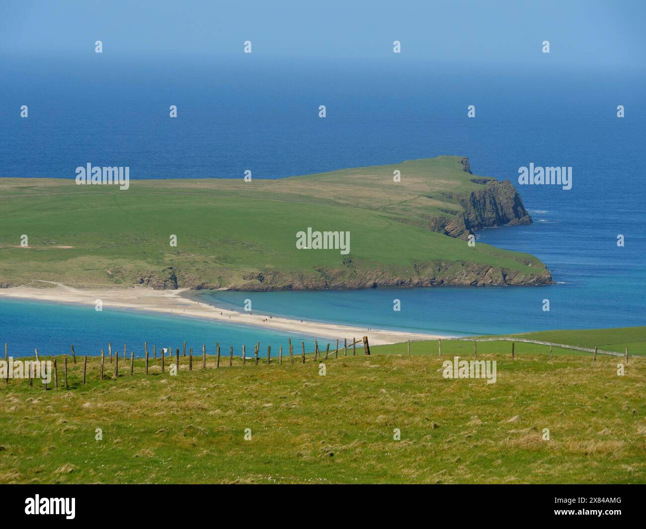 Grüne Landzunge erstreckt sich bis ins Meer, ruhiger Strand und klarer Himmel, weite Sicht über eine grüne Insel mit kleinen Häusern, Ruinen und dem blauen Meer, Shetland Stockfoto