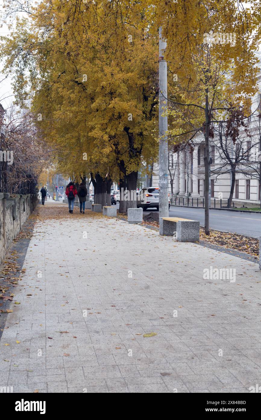 Neuer Bürgersteig auf der Straße in der Stadt. Da sind der Bürgersteig und die Gebäude. Puschkin Street in Chisinau am 2. Dezember 2020 um 11:54 Uhr. Stockfoto Neuer Bürgersteig auf der Straße in der Stadt. Da sind der Bürgersteig und die Gebäude. Puschkin Street in Chisinau am 2. Dezember 2020 um 11:54 Uhr. Stockfoto