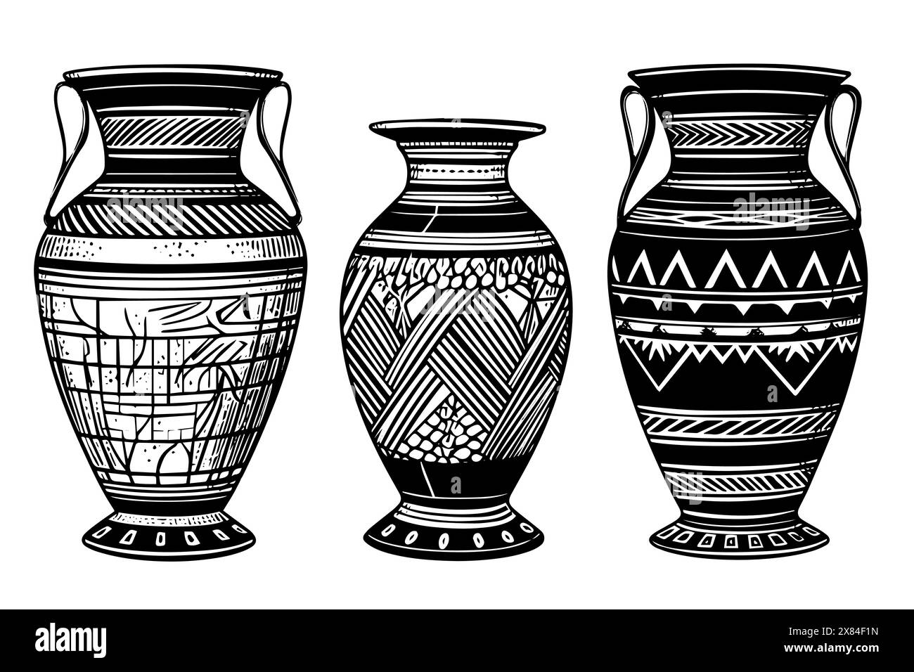 Set mit handgezeichneter Tuschenskizze der alten Vase. Vektorillustration mit Gravur. Stock Vektor