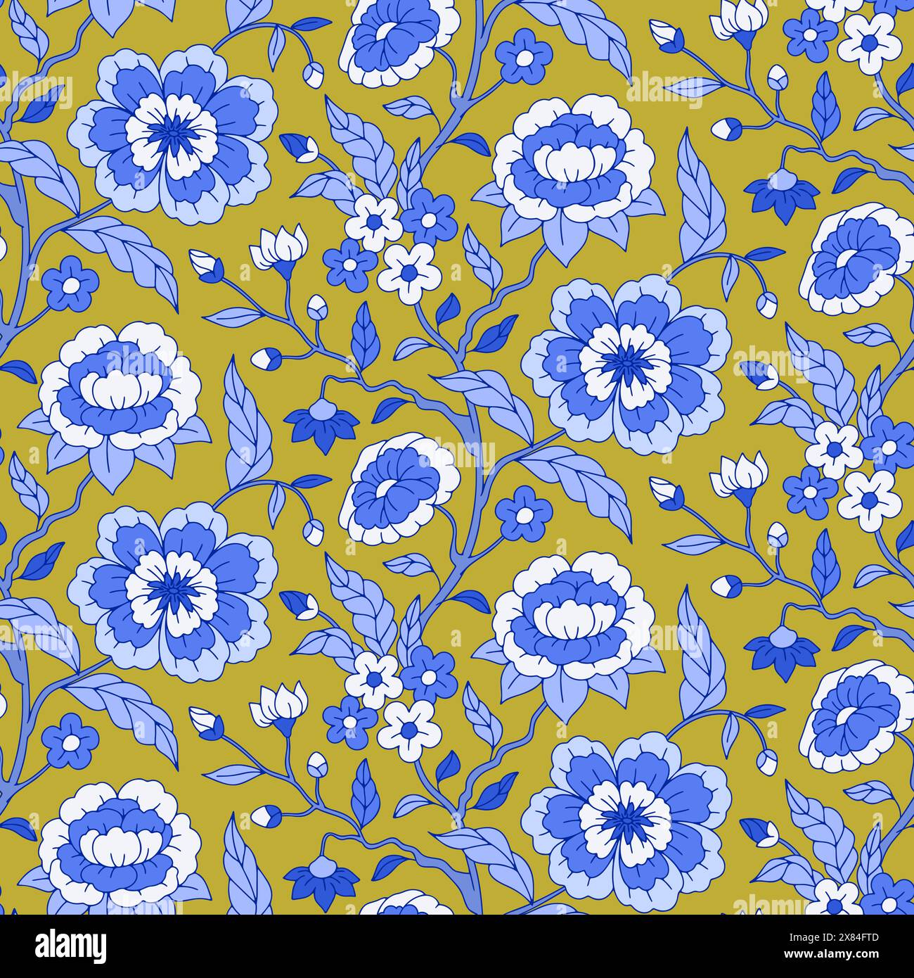 Nahtloses Muster mit einfarbigen blauen Chinoiserie-Motiven Stock Vektor