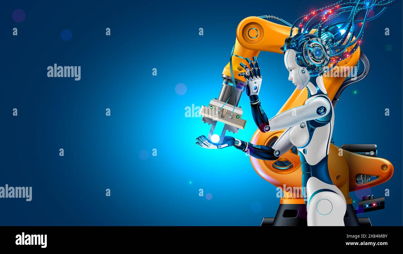 Roboter oder Roboter mit künstlicher Intelligenz oder KI übernehmen die Kontrolle über die Fabrik. Roboter- oder Cyborg-Frau mit KI-Steuerung, industrieller Hersteller Stock Vektor