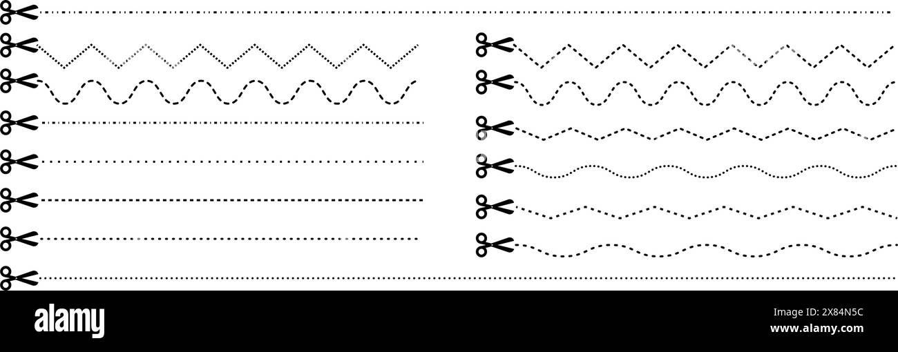 Schere mit Schnittlinien. Vektorsammlung von horizontalen gestrichelten Strichen und Scheren, die das Papier durch die verschiedenen Linien schneiden. Symbole für Papierschnitt Stock Vektor