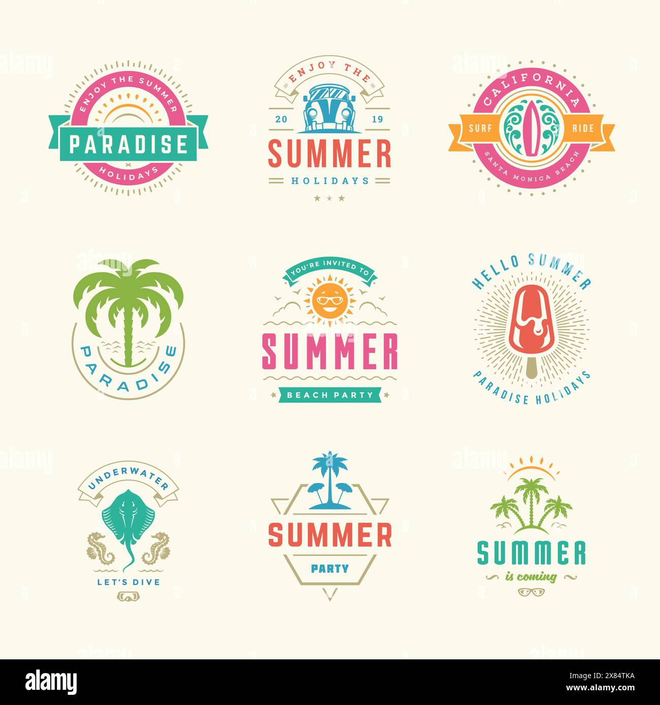 Retro-Typografie-Design-Set mit Etiketten und Abzeichen für die Sommerferien. Vorlagen für Grußkarten, Poster und Bekleidungsdesign. Vektorabbildung. Stock Vektor