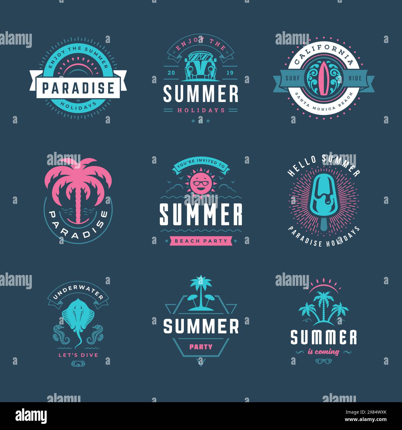 Retro-Typografie-Design-Set mit Etiketten und Abzeichen für die Sommerferien. Vorlagen für Grußkarten, Poster und Bekleidungsdesign. Vektorabbildung. Stock Vektor