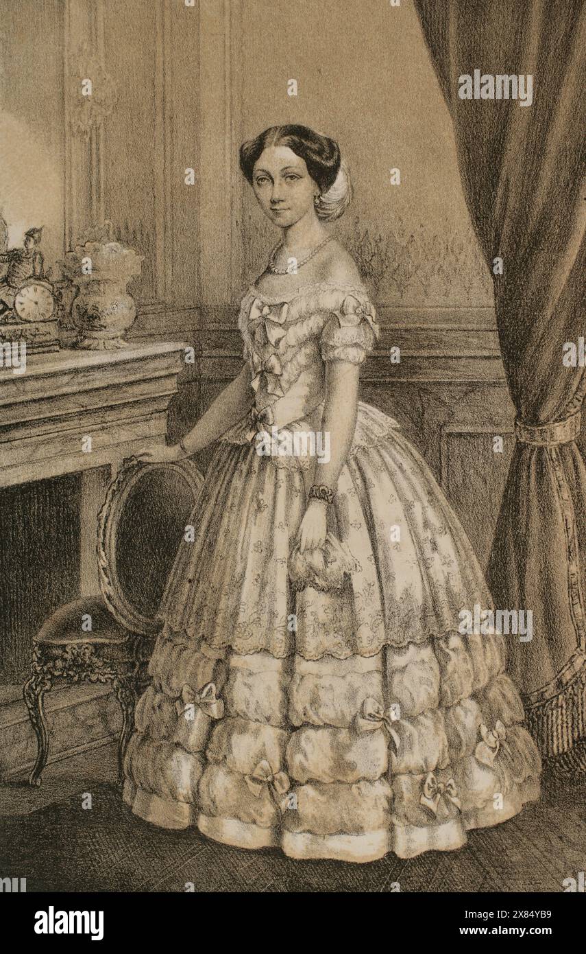 Marie von Sachsen-Altenburg (1818-1907). Königin von Hannover durch ihre Heirat 1843 mit König Georg V. von Hannover (1819–1878). Hochformat. Zeichnung von M. Iglesias. Lithographie von J. Donón. Reyes Contemporáneos (Zeitgenössische Könige). Band III. Veröffentlicht in Madrid, 1854. Stockfoto