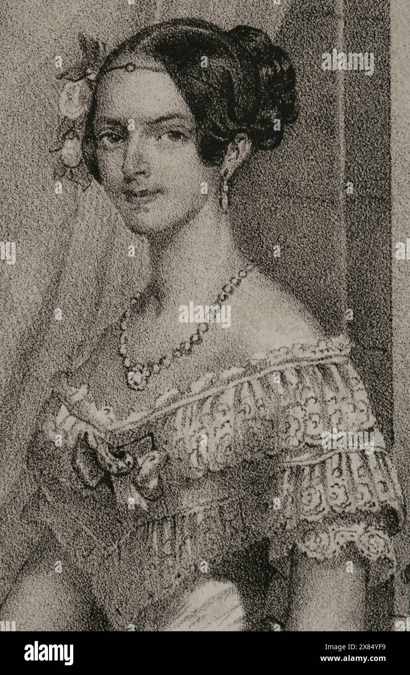 Adelaide von Österreich (1822-1855). Österreichische Erzherzogin. Königin von Sardinien (1849–1855) durch Heirat mit König Viktor Emanuel II. (1820–1878). Hochformat. Zeichnung von C. Legrand. Lithographie von J. Donón. Details. Reyes Contemporáneos (Zeitgenössische Könige). Band III. Veröffentlicht in Madrid, 1854. Stockfoto