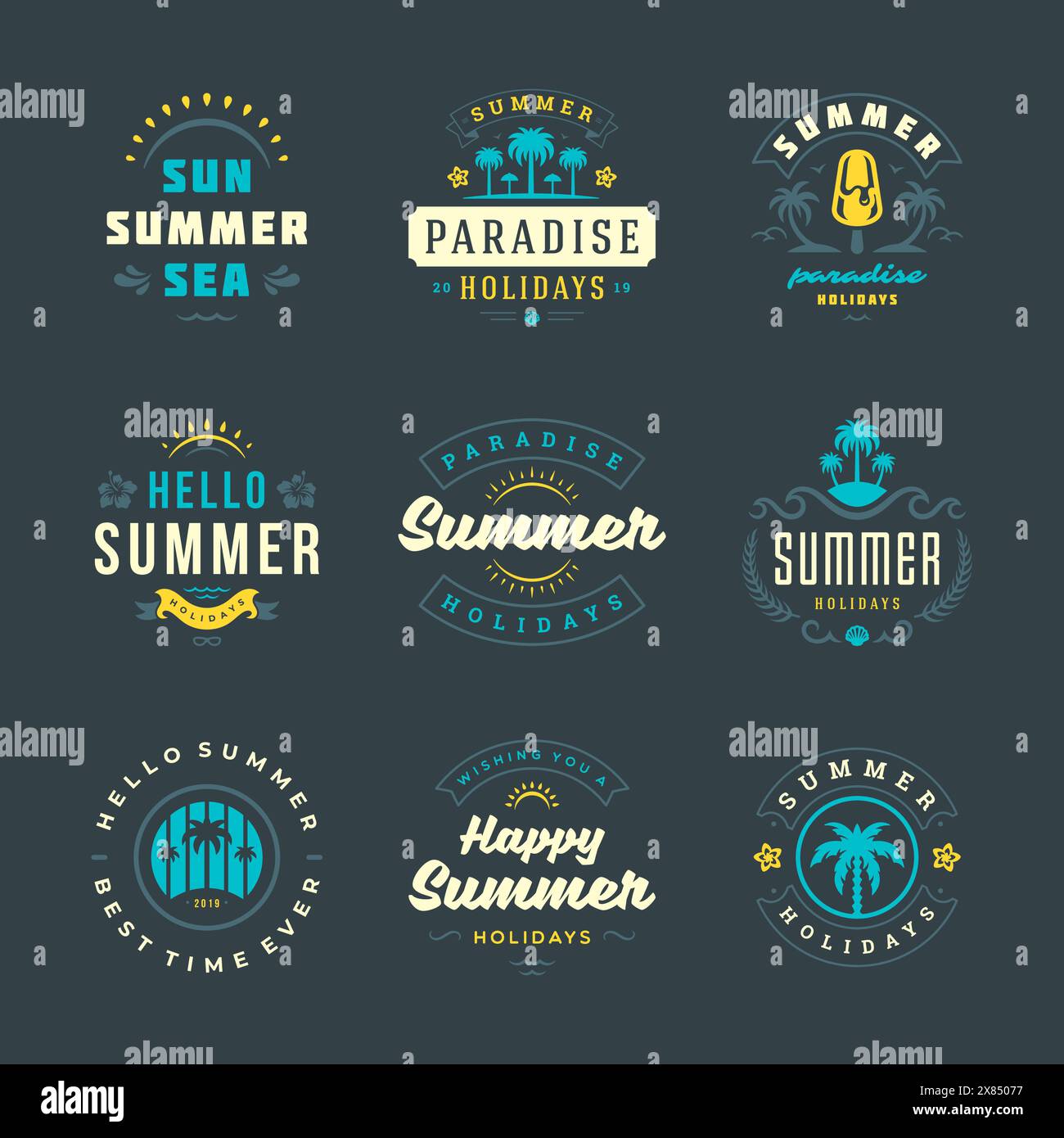 Retro-Typografie-Design-Set mit Etiketten und Abzeichen für die Sommerferien. Vorlagen für Grußkarten, Poster und Bekleidungsdesign. Vektorabbildung. Stock Vektor