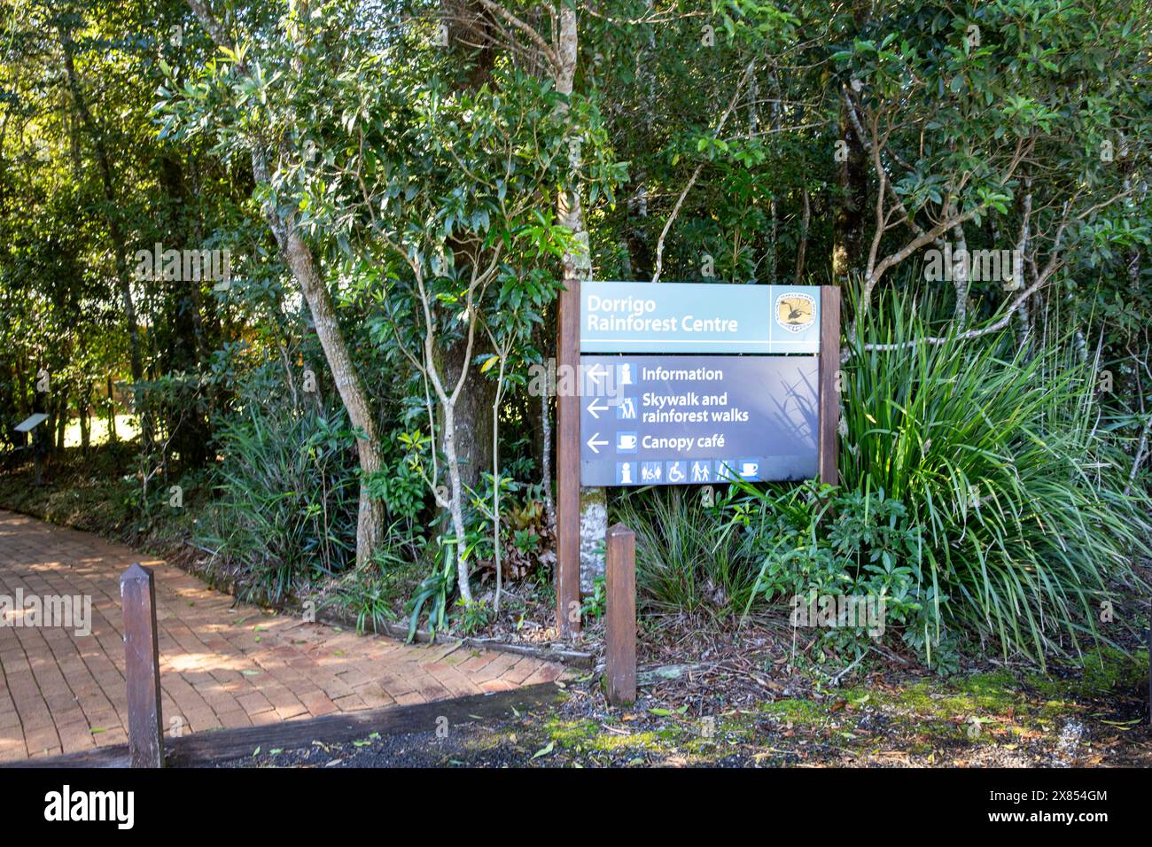 Dorrigo Nationalpark im regionalen New South Wales mit Nationalparkschild für Regenwald- und Skywalk-Spaziergänge und Informationszentrum, NSW, Australien Stockfoto
