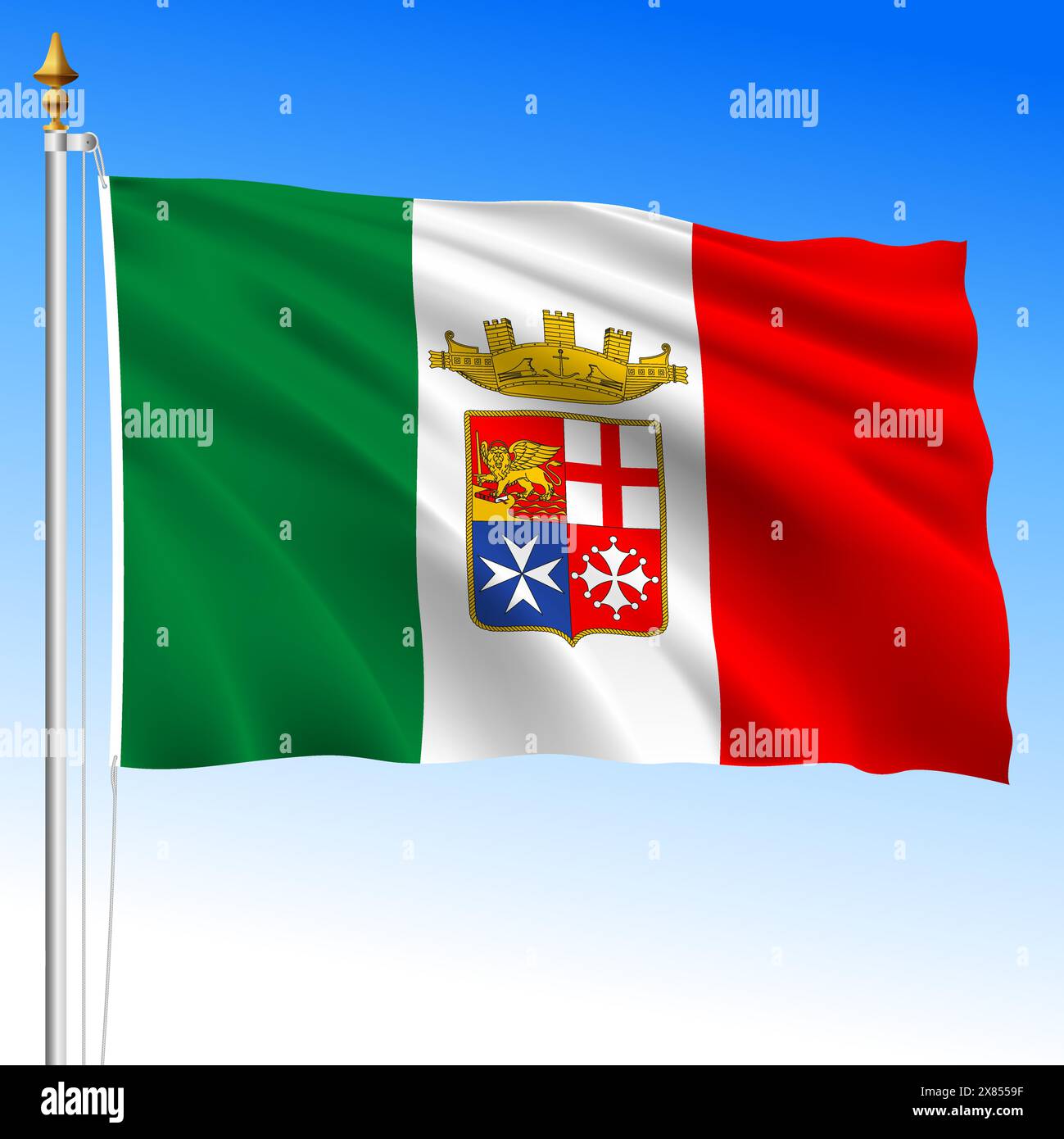 Italien, italienische Marine winkende Flagge mit Wappen, Vektor-Illustration Stock Vektor