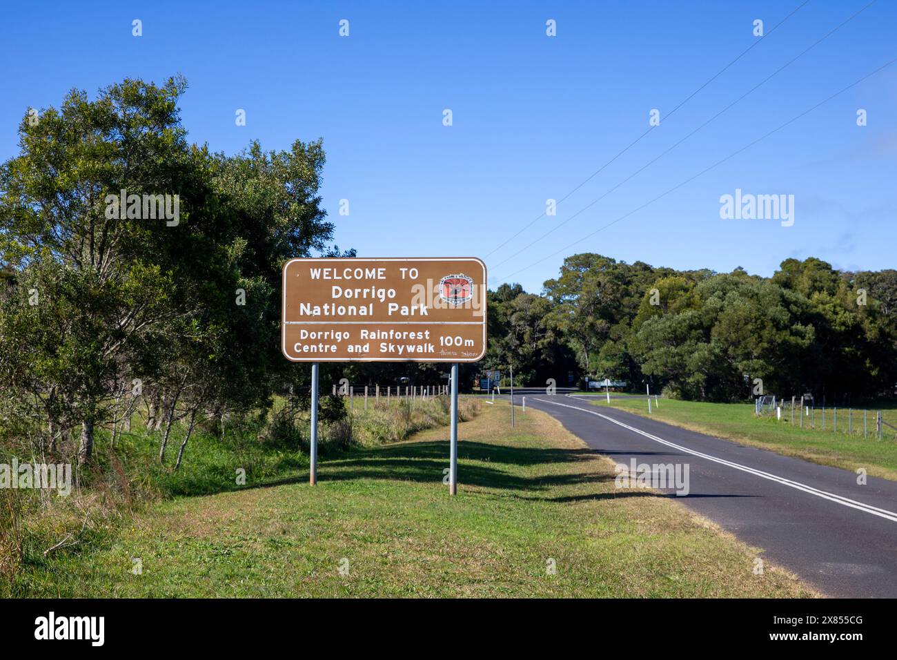 Dorrigo Nationalpark in New South Wales, Welterbestätte Nationalpark mit gondwana Regenwäldern, braunem Touristeninformationsschild, Australien Stockfoto