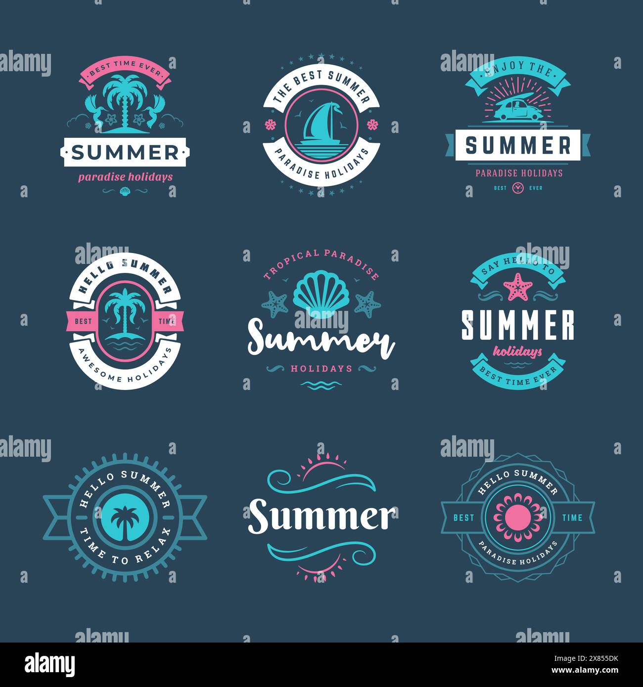 Retro-Typografie-Design-Set mit Etiketten und Abzeichen für die Sommerferien. Vorlagen für Grußkarten, Poster und Bekleidungsdesign. Vektorabbildung. Stock Vektor