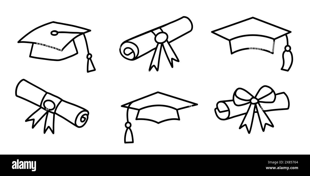 Abschlusskappe, Studentenhüte Diplom Doodle Icons Stock Vektor