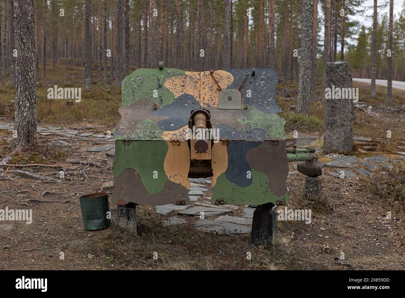 Der alte, getarnte Artillerie-Kanon aus dem 2. Weltkrieg. Stockfoto