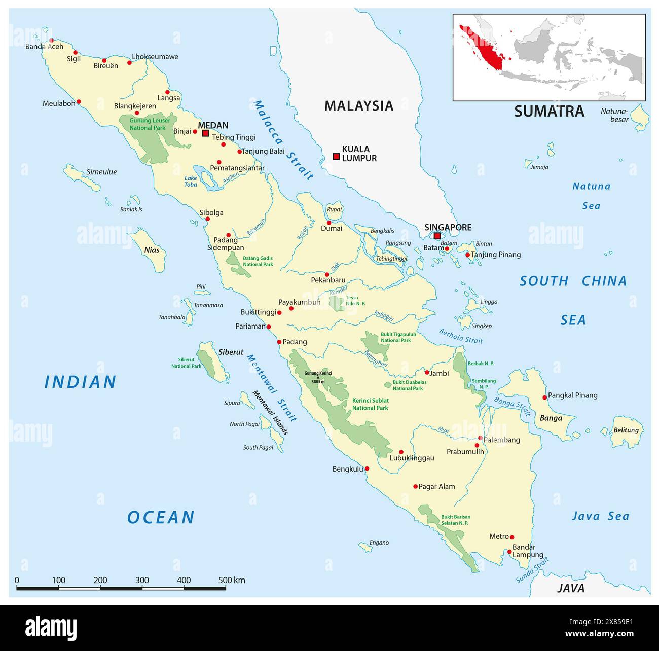 Vektorkarte der indonesischen Insel Sumatra Stockfoto