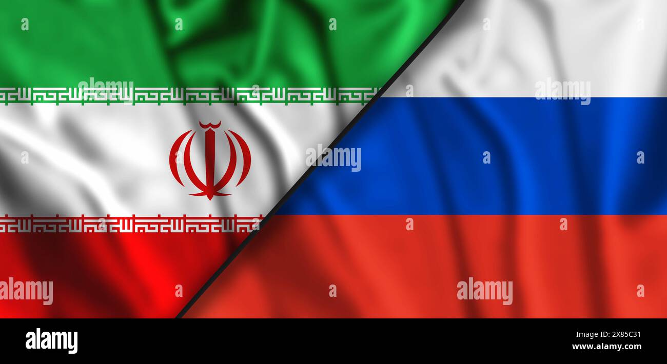 Iran und Russland haben zwei Fahnen zusammengefaltet 3D-Rendering. Hochwertige Abbildung Stockfoto