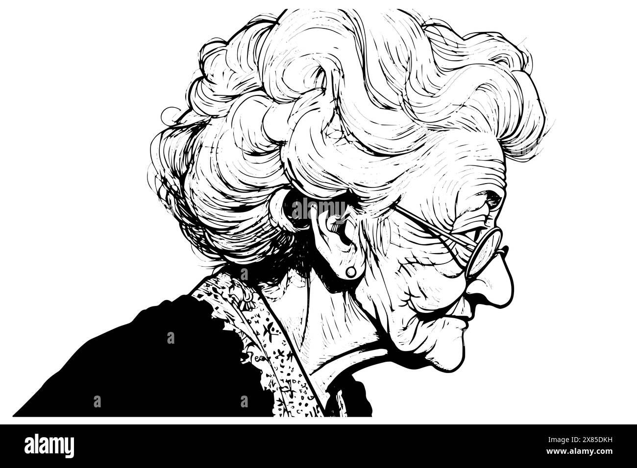 Niedliche lächelnde Oma, handgezeichnete Tuschenskizze. Vektorporträt mit Gravur. Design für Logo. Stock Vektor