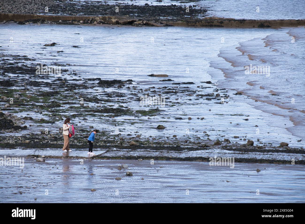 Familien, die die Ebbe am Strand von Penarth im Frühjahr genießen Stockfoto