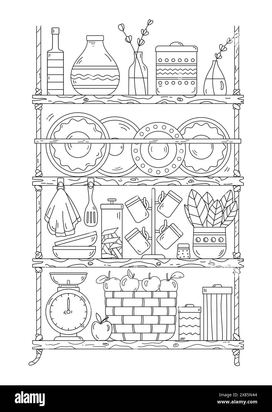 Die Ausmalseite Verfügt Über Regale Mit Geschirr Und Küchenutensilien, Die Sowohl Für Erwachsene Als Auch Für Kinder Geeignet Sind Stock Vektor