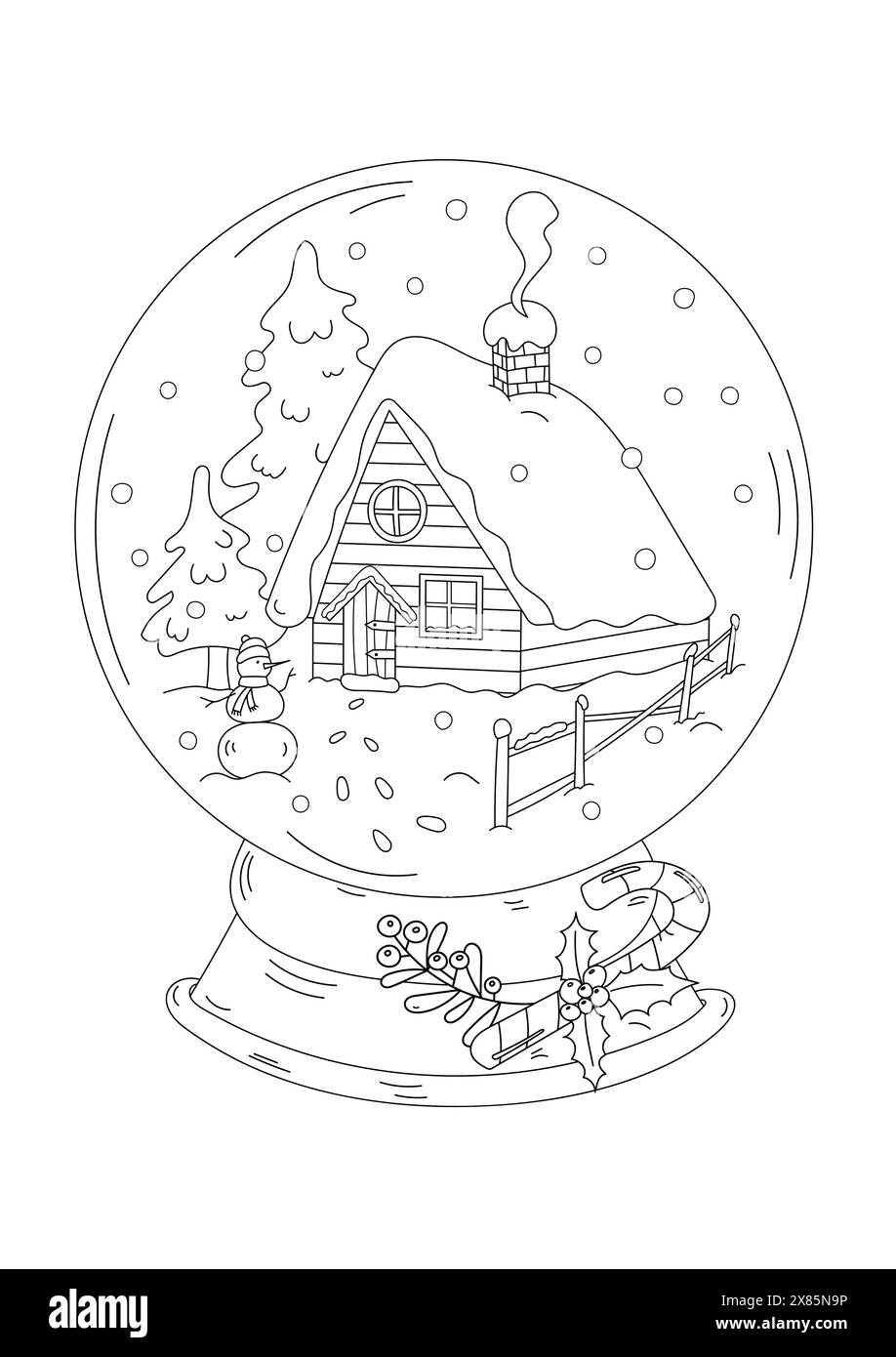 Ausmalseite - Weihnachten mit Einem kleinen Haus und Bäumen im Inneren, Eine Ausmalseite für Erwachsene und Kinder Stock Vektor