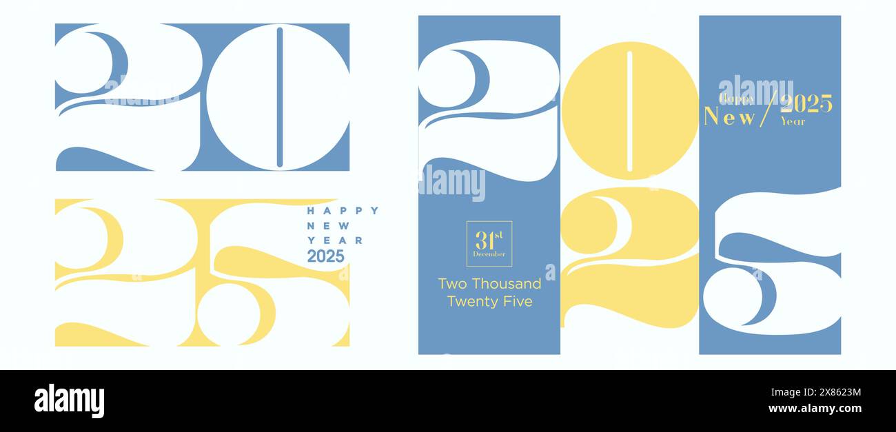 Klassisches Neujahrsnummerndesign 2025. Jede Kurve der Konstruktion enthält eine bestimmte Bedeutung. Mit dem Ziel, diese Bedeutung zu vermitteln. 2025 neu. Stock Vektor