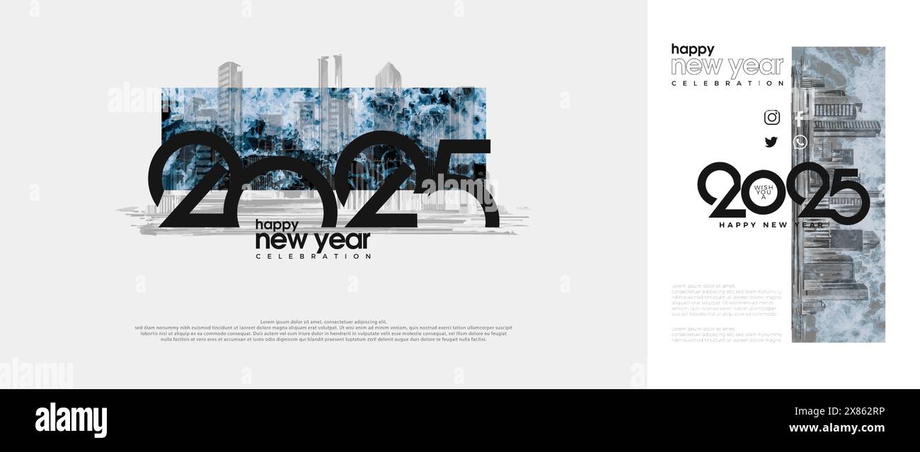 Frohes Neues Jahr 2025. Mit einem einfachen Hintergrund für die Gebäudestruktur. Vector Premium Design für Kalenderdesign, Social Media Posts und 2025 Karten. Stock Vektor