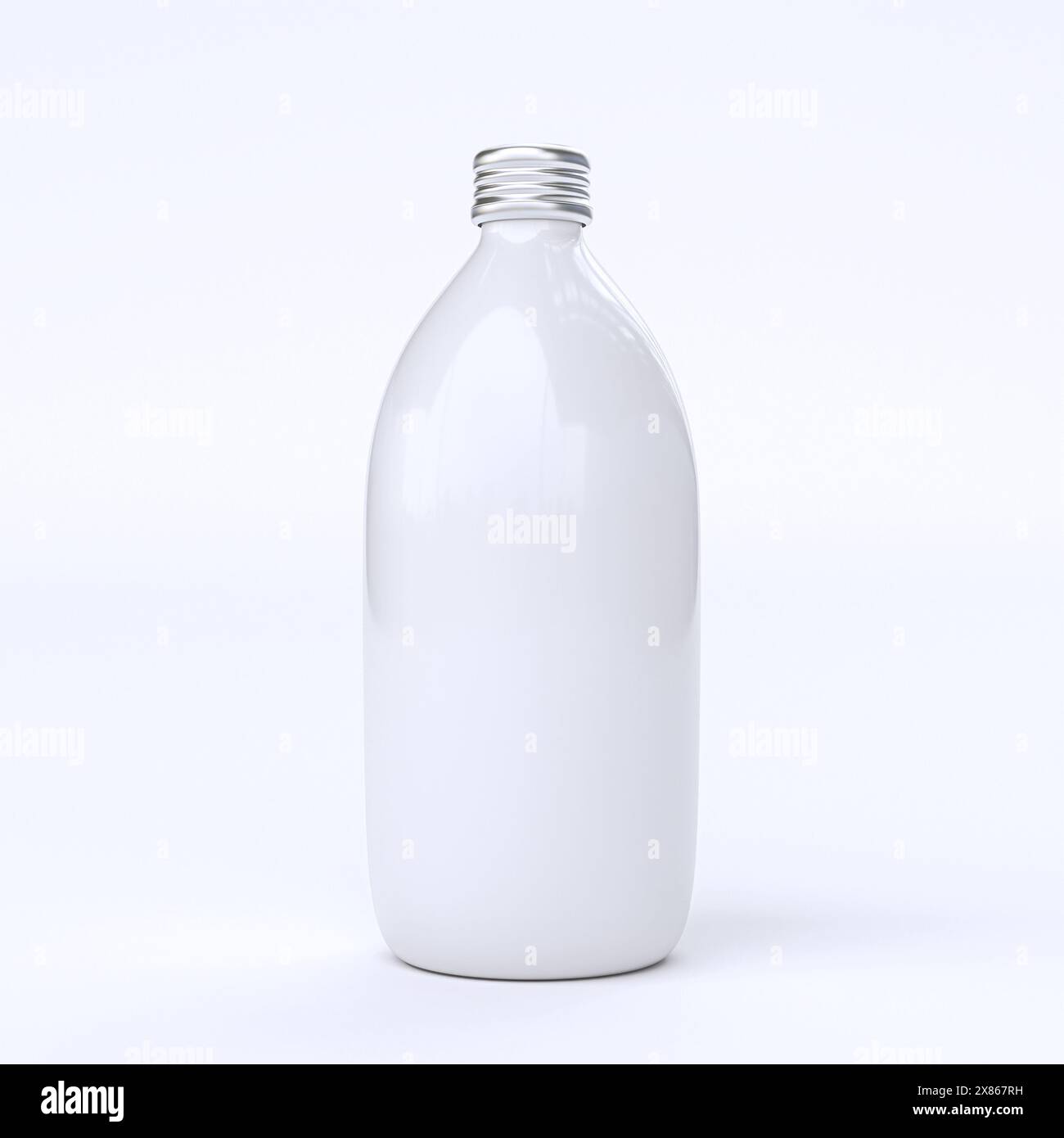 Leere weiße Milchflasche Metallkappe heller Hintergrund Stockfoto