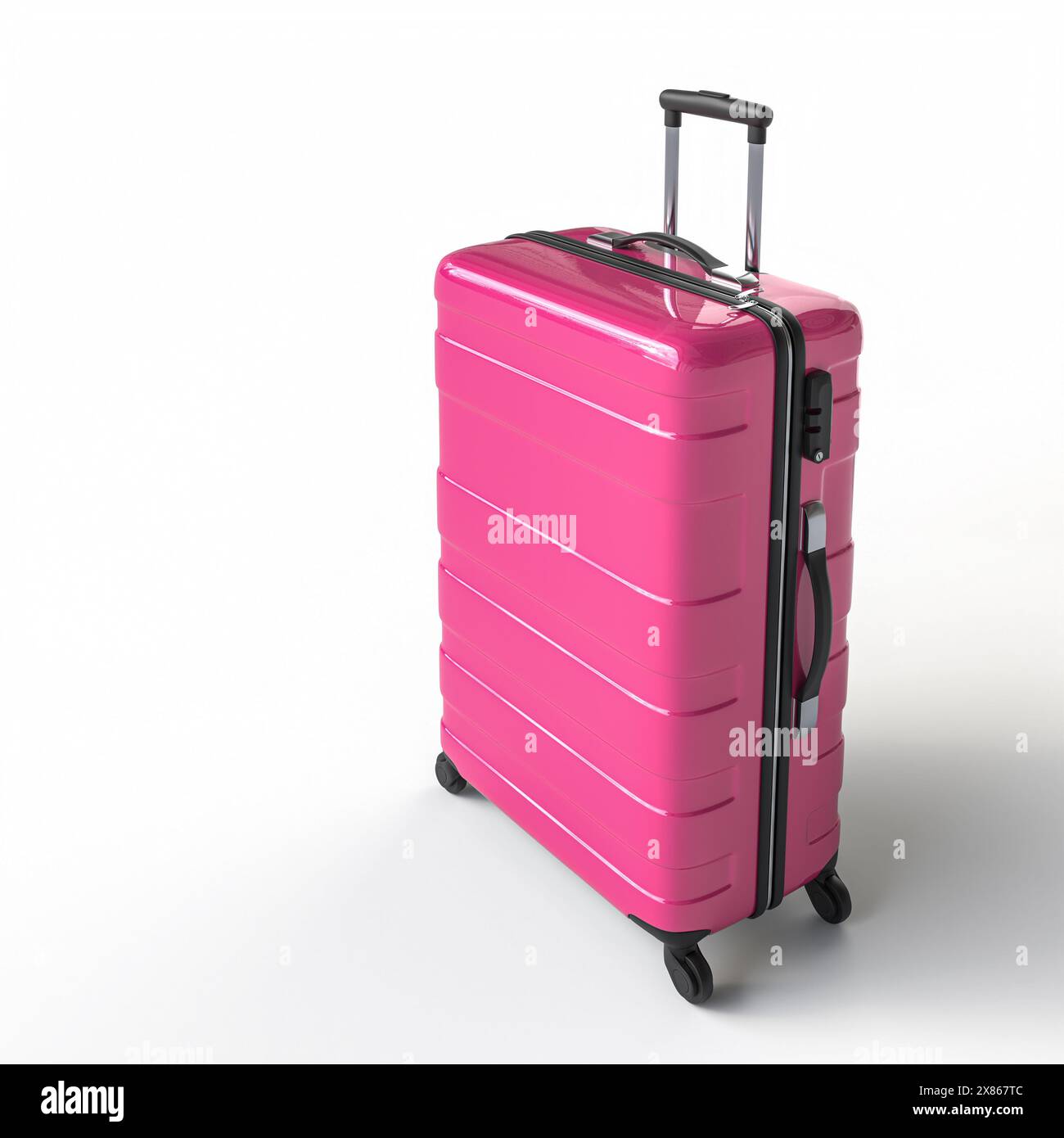 Reisekoffer in leuchtendem Pink mit isoliertem Reisekonzept im weißen Hintergrund Stockfoto