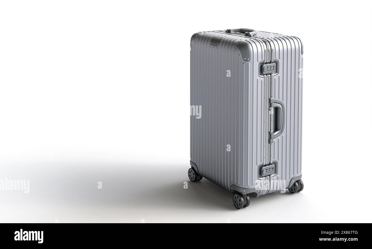 Silberner Reisekoffer isolierter weißer Hintergrund Copyspace-Reisekonzept Stockfoto