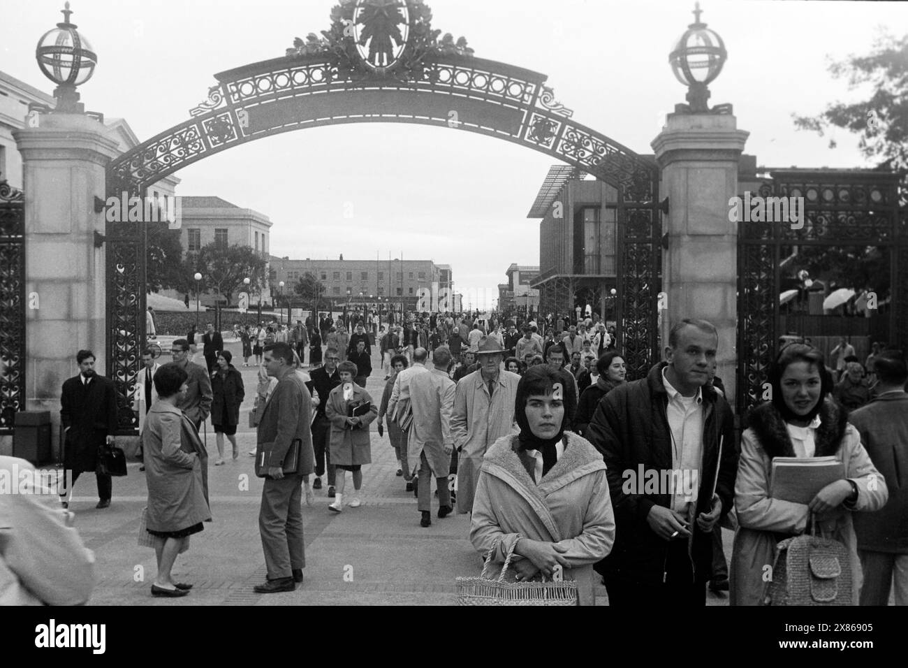 Studierende der University of California in Berkeley auf dem Weg zu ihren Kursen und Vorlesungen, im Hintergrund das Sather Gate, 1962. Studenten an der University of California in Berkeley auf dem Weg zu Vorlesungen, Sather Gate in the Background, 1962. Stockfoto