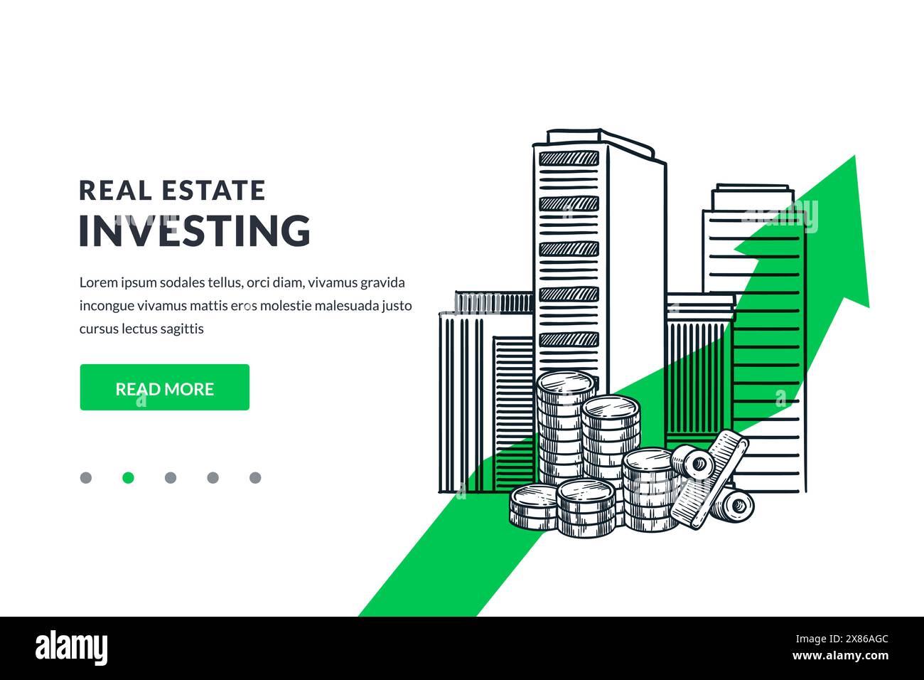Unternehmenskonzept für Immobilieninvestitionen. Stadtgebäude, Münzen stapeln sich auf grünem Pfeil. Abbildung einer handgezeichneten Vektorskizze. Poster, Stock Vektor