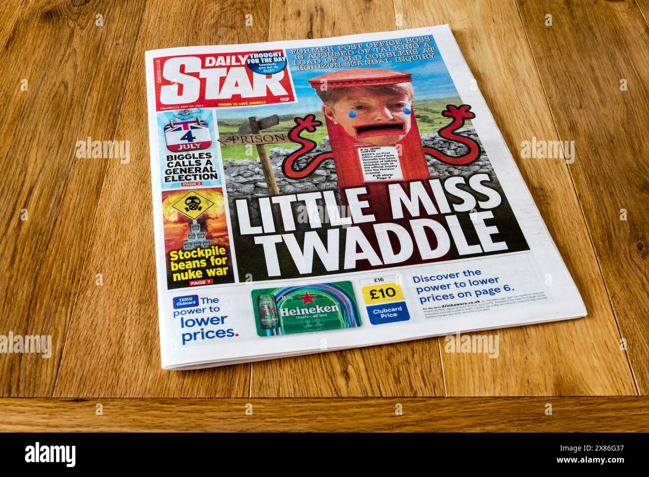 23. Mai 2024. Die Schlagzeile in Daily Star lautet Little Miss Twaddle. Bezieht sich auf das Auftreten von Paula Vennells bei der Post Office Horizon Inquiry. Stockfoto