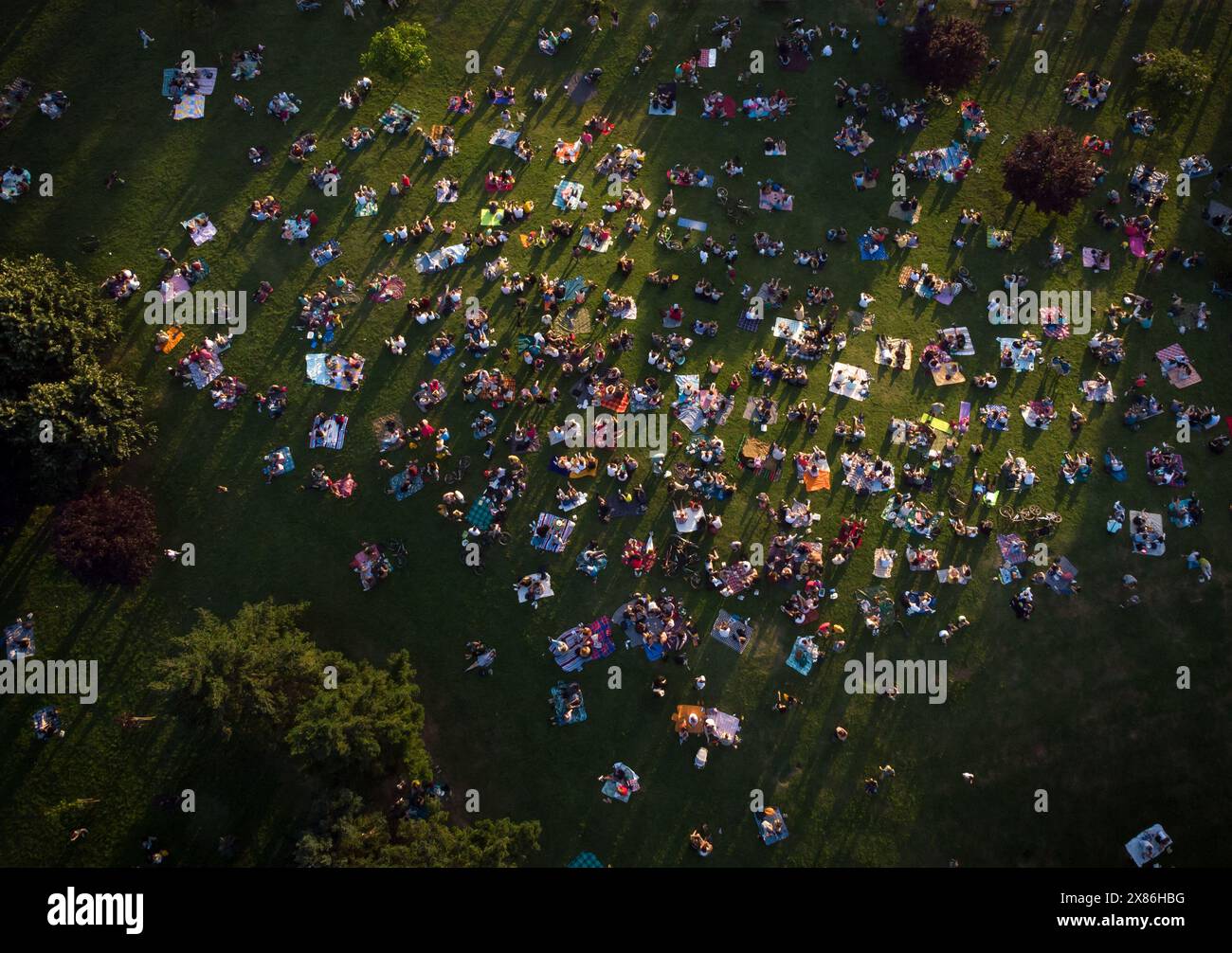Blick auf die Drohne von oben nach unten auf eine große Gruppe von Menschen beim Picknick auf grünem Gras im Park bei Sonnenuntergang. Stockfoto