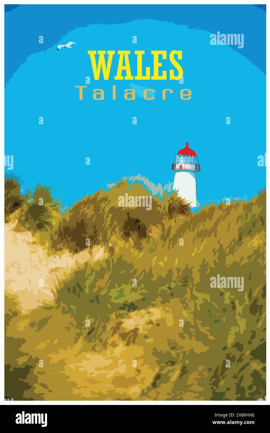 Das WPA inspirierte Retro-Reiseposter der Sanddünen und der denkmalgeschützte Bauplatz des Ayr Lighthouse am Talacre Beach in Nordwales, Großbritannien. Stock Vektor