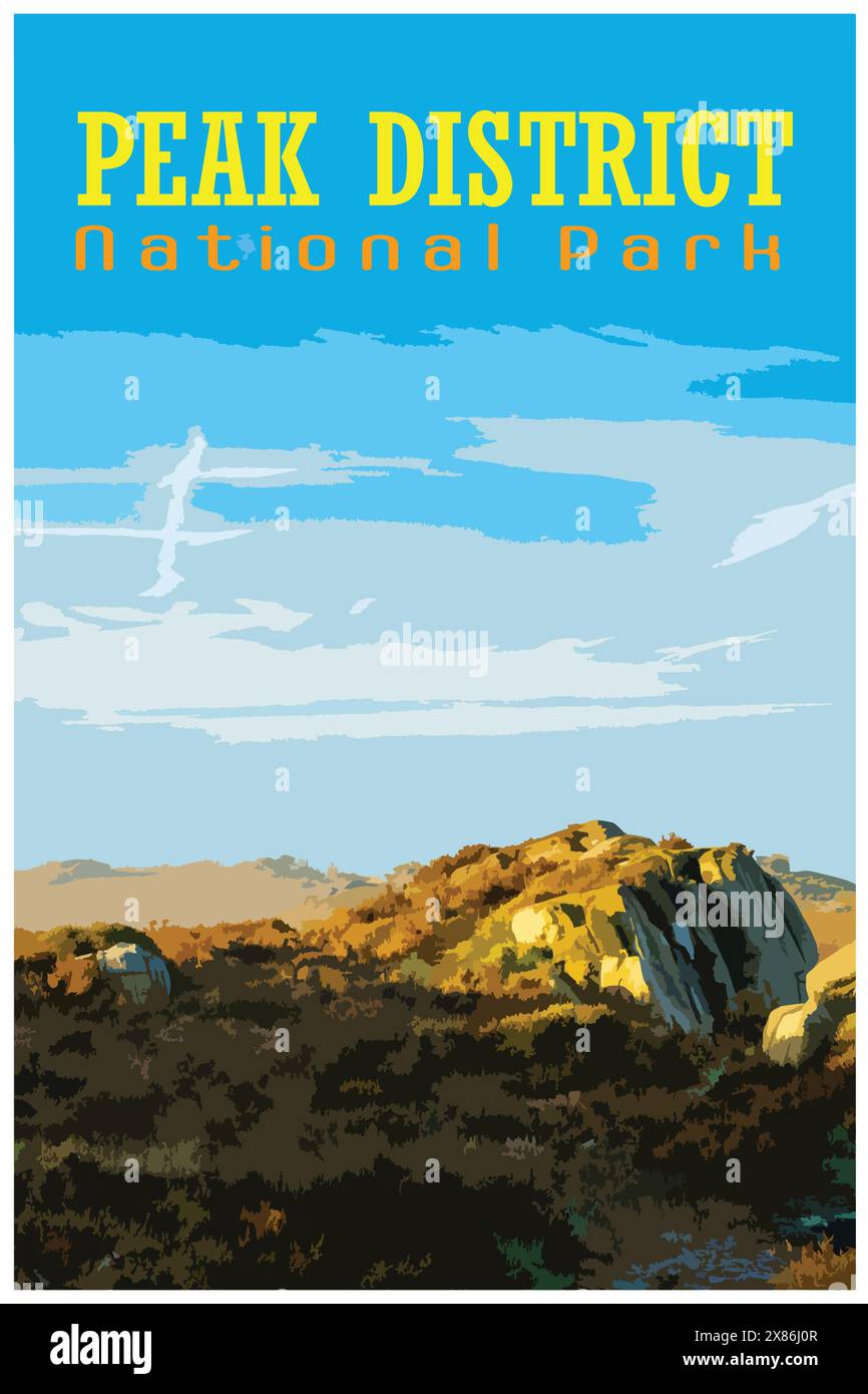 Von der WPA inspiriertes Retro-Reiseposter mit Sonnenaufgang bei den Kakerlaken im Staffordshire Peak District National Park, England, Großbritannien. Stock Vektor