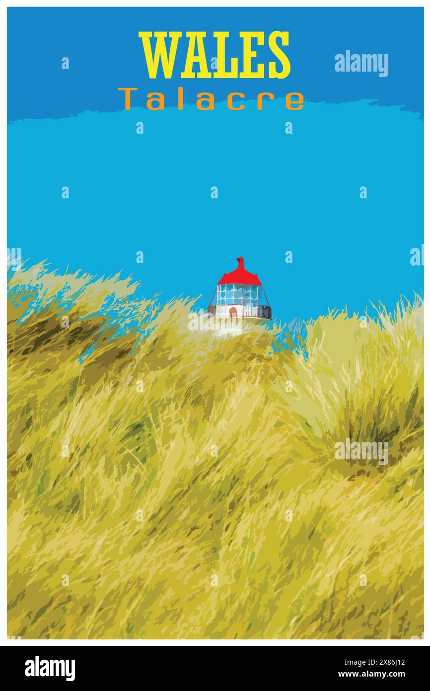 Das WPA inspirierte Retro-Reiseposter der Sanddünen und der denkmalgeschützte Bauplatz des Ayr Lighthouse am Talacre Beach in Nordwales, Großbritannien. Stock Vektor