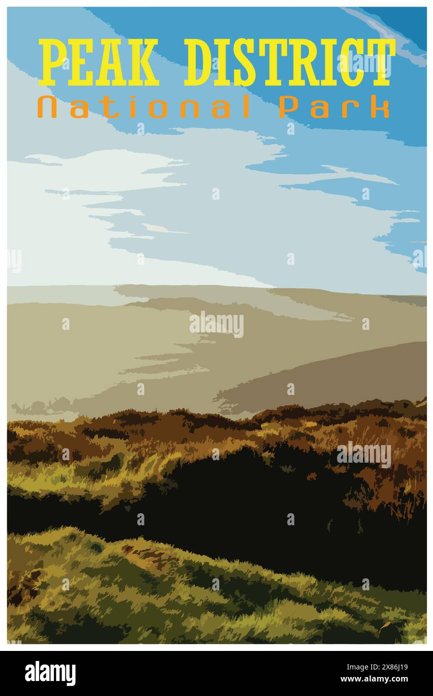 Von der WPA inspiriertes Retro-Reiseposter eines Sonnenaufgangs der Ramshaw Rocks im Staffordshire Peak District National Park, England, Großbritannien. Stock Vektor