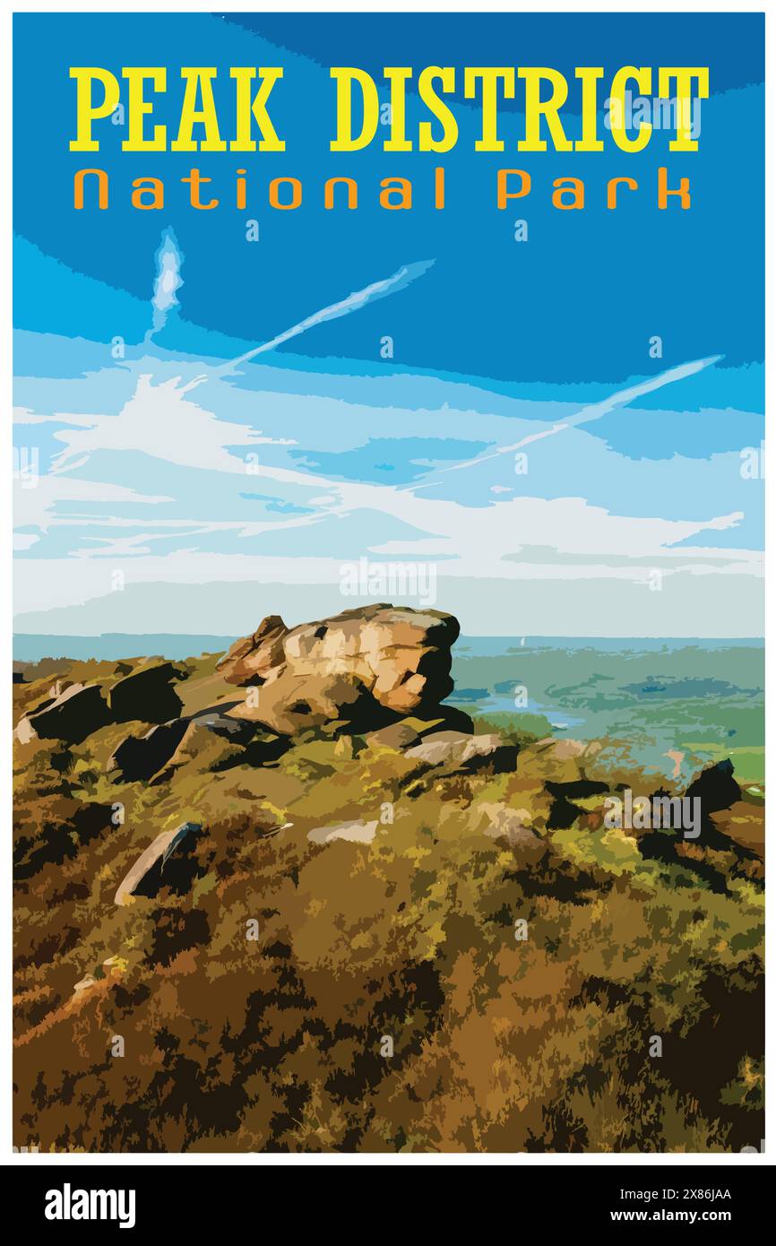 Von der WPA inspiriertes Retro-Reiseposter des Sonnenaufgangs im Staffordshire Peak District National Park, England, Großbritannien. Stock Vektor